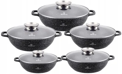 A set of five pots with glass lids, arranged in a grid.