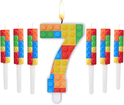 Productafbeelding van 7 stuks cijfer 1-9 kaarsen, verjaardag bouwstenen met 6 brandstukken, cijferkaarsen voor toppers en taartdecoratie (nummer 7)