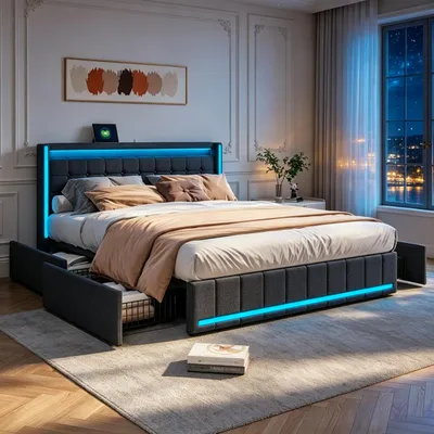 Imagen del producto de Cama INONEFT de 180x200 con espacio de almacenamiento, cama tapizada con iluminación LED, puertos tipo-C y USB, cama doble con 4 cajones, tapizada en lino, color gris oscuro