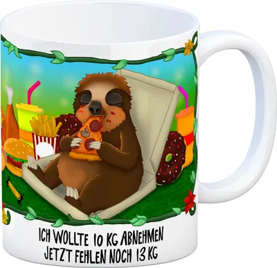 Produktbild von Kaffeebecher mit fressendes Faultier Dschungelmotiv und Spruch: Ich wollte 10