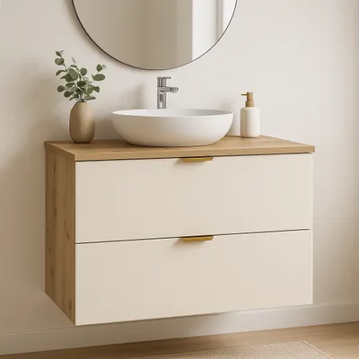 Produktbild von WENA Waschtischunterschrank 80 cm, gerade Fronten, Griffe aus Metall in der Farbe Gold (Farbe: Kaschmir/Eiche)