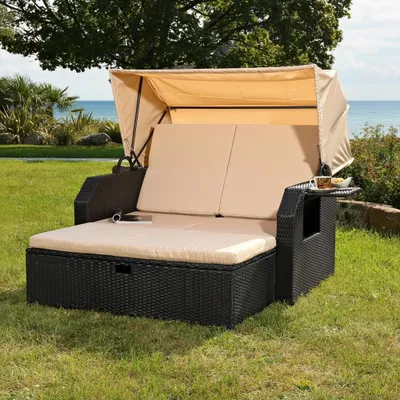 Produktbild von Strandkorb Sonnenbett Polyrattan Relaxliege mit Dach Schwarz Garten