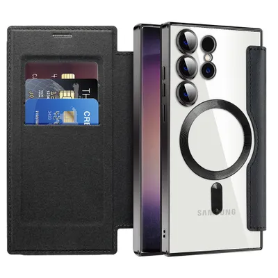 Immagine prodotto di Custodia per Samsung Galaxy S24 Ultra compatibile con MagSafe, custodia trasparente con portacarte, custodia in pelle con protezione per fotocamera nera