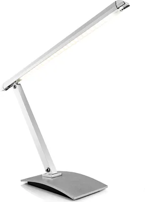 A modern LED desk lamp with a silver aluminum finish, shown on a white background.