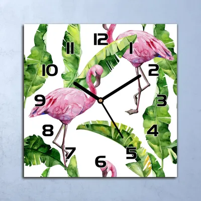 Produktbild von Wanduhr Echt-Glas-Küchenuhr Flamingo und Blätter Quarz 30x30 Deko Bilder