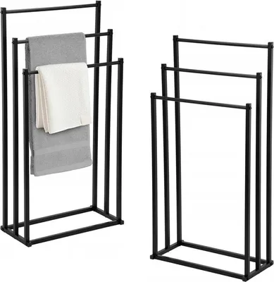 Two black metal towel racks are shown against a white background. One rack has two towels draped over it.