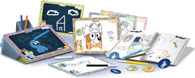 A collection of Bluey-themed drawing and painting supplies for children, including a drawing board, coloring pages, and markers.