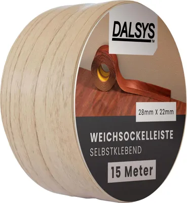 Produktbild von Dalsys Weichsockelleiste selbstklebend Buche 15m Klebeleiste, Abschlussleiste für Fugen in Wohnbereich, Küche, Bad, aus PVC Kunststoff