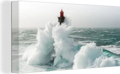 Produktbild von MuchoWow® - Leinwandbilder - Der französische Leuchtturm von La Jument im Sturm, Wandbild, Wanddeko Bilder Wohnzimmer, 40x20cm
