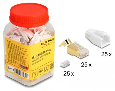 Produktbild von DeLOCK RJ45 Modularer Stecker mit Zugentlastung und Knickschutztülle für Cat.7 Rundkabel 25er Set, RJ45, Gold, Weiß, Männlich, Polycarbonat (PC), Cat7, S/FTP (S-STP)