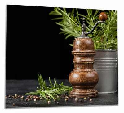 Produktbild von Wallario Herdabdeckplatte aus Glas, Größe 60 x 52 cm 1-teilig, Motiv Pfeffermühle mit Rosmarin