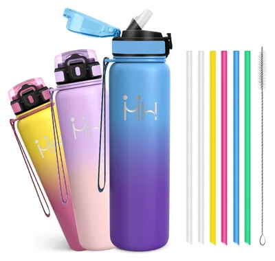 Produktbild von Trinkflasche Edelstahl - Sportflasche 1 liter - Trinkflasche mit Strohhalm - 100