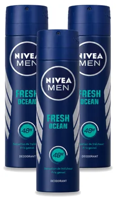 Imagen del producto de 3 unidades de desodorante en spray NIVEA MEN Fresh Ocean, 150 ml cada uno. Paquete económico