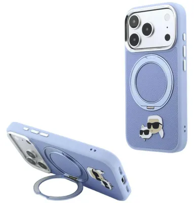 Obrázek produktu pro Pouzdro Karl Lagerfeld s držákem na prsten a magnetickým připojením MagSafe, motiv hlavy Karla Lagerfelda a Choupette, modrá barva, kompatibilní s modely iPhone 18 Pro Max / 17 Pro Max
