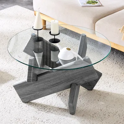 Immagine prodotto di okwish Tavolino rotondo, tavolino da salotto, piano in vetro effetto legno, base a croce, tavolino da divano, facile da pulire, per soggiorno e angolo lettura, grigio