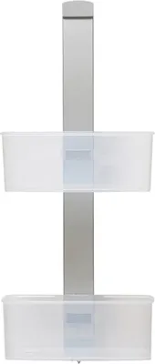 A two-tiered shower caddy with clear plastic baskets attached to a silver pole.