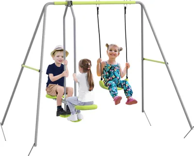 Image de Outsunny Balançoire portique pour enfant 2 en 1 avec 1 agrès et 1 face à face, balançoire pour enfant, de 3 à 8 ans, 255 x 160 x 180 cm, charge max. 135 kg, structure en métal, vert gris