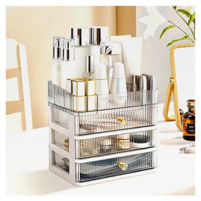 Produktbild von Make-Up-Organizer mit Schubladen aus Acryl – Kosmetik-Organizer mit 3 Schubladen und 14 Fächern für Schreibtisch und Schmuckaufbewahrung, Schminkaufbewahrung für Schlafzimmer und Badezimmer