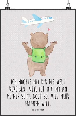 Produktbild von Mr. & Mrs. Panda Bild Bär Flugzeug DIN A1 - Grau Pastell - Geschenk, Kunstdruck, Wandbild, drucke, für Partner, poster, Hochzeitstag, Liebesbeweis, Frauen, Valentinstag