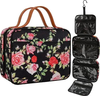 Produktbild von Unyqoos® wasserdichter Kulturbeutel zum Aufhängen – schwarz, 28×23×13 cm (geschlossen) / 80×20 cm (offen), 4 Reißverschlussfächer, offenes Rückfach, Doppelreißverschluss, faltbar, für Damen & Herren
