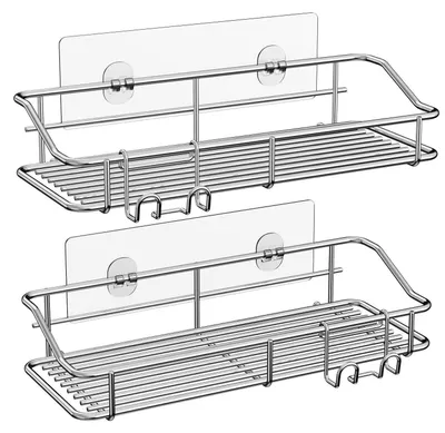 Produktbild von Duschablage ohne Bohren 2er Set Edelstahl Silber mit Haken selbstklebend 27x10x5 cm