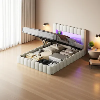 Produktbild von Doppelbettgestell 140 x 200 cm, beige, mit Stauraum, LED-Beleuchtung, Leinenbezug, Kopfteil und Ladestation