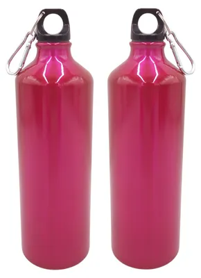 Produktbild von 2x Aluminium Trinkflasche 1 Liter pink mit Karabiner Wasserflasche Sportflasche