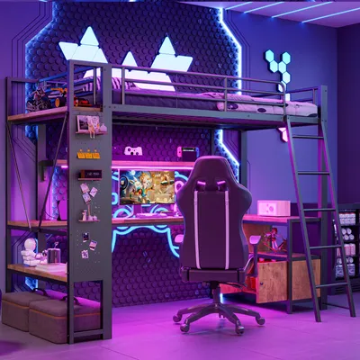 Image de Lit superposé 90 x 200 cm avec bureau, barre lumineuse LED, plusieurs étagères, espace de rangement, panneau perforé et port USB, sans matelas, de couleur noire, modèle loft, en fer et MDF