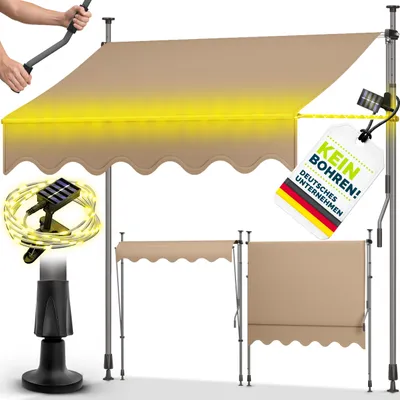Obrázek produktu pro Markýza Tillvex s upínacím systémem, 350 cm, barva taupe, se solárními LED diodami a ruční klikou, na balkon | Balkonová markýza bez vrtání | Markýza odolná proti UV záření a s nastavitelnou výškou | Voděodolná ochrana proti slunci