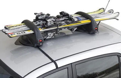 A ski and snowboard carrier mounted on the roof of a silver car.