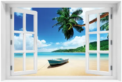 Produktbild von Wallario Premium Glasbild mit Fensterrahmen, freischwebende Optik, kräftige Farben, Größe 60 x 90 cm Motiv Urlaub am Palmenstrand unter Palmen mit Fischerboot
