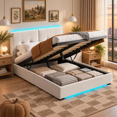 Productafbeelding van INONEFT Hydraulisch bed, 140x200 cm, gestoffeerd tweepersoonsbed met opbergruimte, tienerbed met LED-verlichting, bedframe met opbergruimte en lattenbodem, fluweel, beige