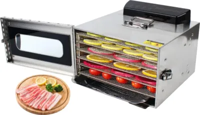 Zdjęcie produktu dla Odwadniacz żywności, 400W, 6 półek, zakres temperatur 30-90℃, ustawienie timera 30 min-24 godz, stal nierdzewna