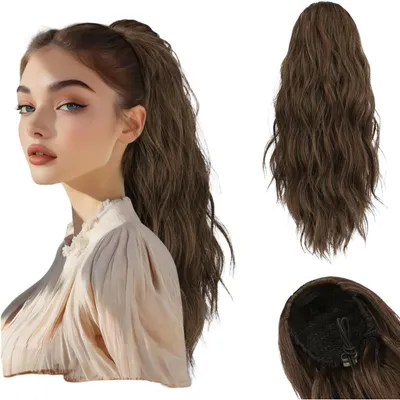 Produktbild von Synthetische Haarverlängerung Pferdeschwanz mit Kordelzug, gewellt, braun, 45 cm