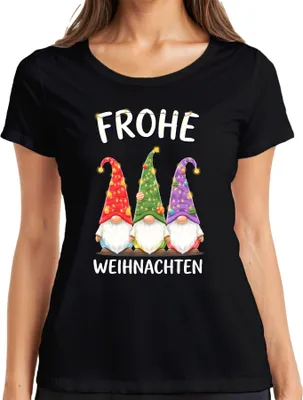 Produktbild von Frohe Weihnachten Wichtel Gnom Weihnachtsmütze Lichterketten Damen T-Shirt, Schwarz, L