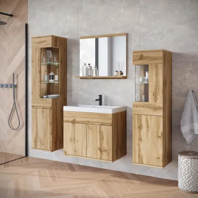 Produktbild von MINIO go for it, Badezimmermöbel, NIKITA,  Set 5-teilig mit Waschbecken, Spiegelschrank, Hochschränke, Unterschrank, ohne LED-Beleuchtung, Wotan Eiche