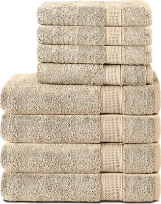 Produktbild von Komfortec 8er Handtuch Set aus 100% Baumwolle, 4 Badetücher 70x140 und 4 Handtücher 50x100 cm, Frottee, Weich, Anthrazit Grau, Sand/Beige