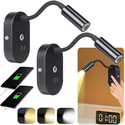 Produktbild von Schwarz Led Wandleuchten 12–24V,2x Schwanenhals Lampe Leselampe Wand Mit Schalter Dimmbar Und Usb-Ladeanschluss Für Schlafzimmer Nachttisch Wohnmobile