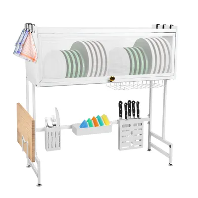 Produktbild von Geschirrkörbe Abtropfgestell mit staubdichte Tür Küchenregal Spüle mit Hacken&Messerhalter&Schneidebretthalter 65x28x77cm Weiß