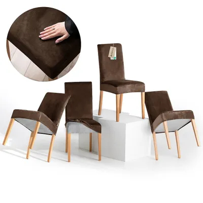 Produktbild von Stuhlhussen Stretch Set schützender Stuhlbezug Universal Stuhlüberzug Hussen 4er Set Dunkelbraun