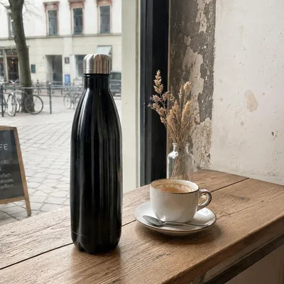 Produktbild von Intirilife Isolierkanne in SCHWARZ – 1 Liter Edelstahl Thermoskanne Isolierflasche Auslaufsicher perfekt geeignet für kalte und heiße Getränke bei der Arbeit, bei Ausflügen, Camping etc.