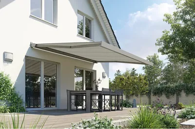 Produktbild von SOLUNA Kassettenmarkise Modern 3,5x2,5 Stoff Dessin A131 Gestell RAL 9007 graualuminium links inkl.Motor und Wandschalte