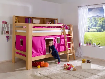 Produktbild von Etagenbett Jan Buche Natur lackiert mit Bücherregal 90x200 cm
