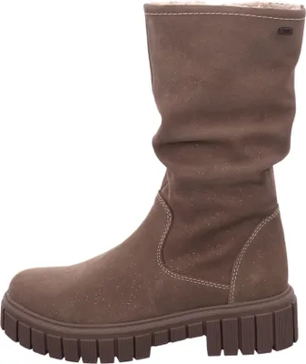 A side view of a beige boot.
