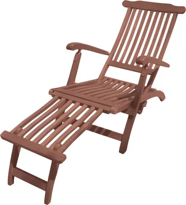 A wooden deckchair with an adjustable backrest and footrest, shown against a white background.