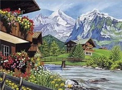 Produktbild von Diamantmosaik "Häuschen in den Bergen", 30x40 cm, kreative Diamanten