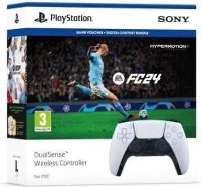 The image shows the packaging for a Sony PlayStation DualSense Wireless Controller bundle that includes EA Sports FC 24.