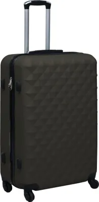 A dark gray hard-shell trolley with a textured surface and a retractable handle is shown against a white background.
