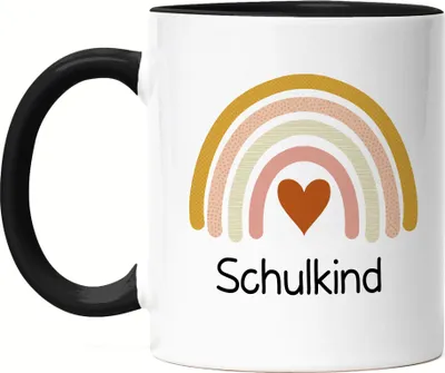 Produktbild von Schulkind Tasse Schwarz Einschulungsgeschenk Grundschule 1. Klasse Schulstart Regenbogen Herz
