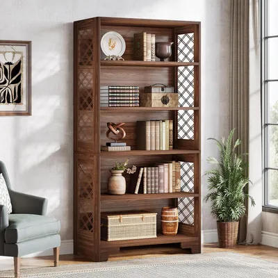Immagine prodotto di Libreria a colonna vintage, 180 cm, 6 ripiani, struttura aperta in legno, dimensioni 30x80x180 cm, colore marrone vintage